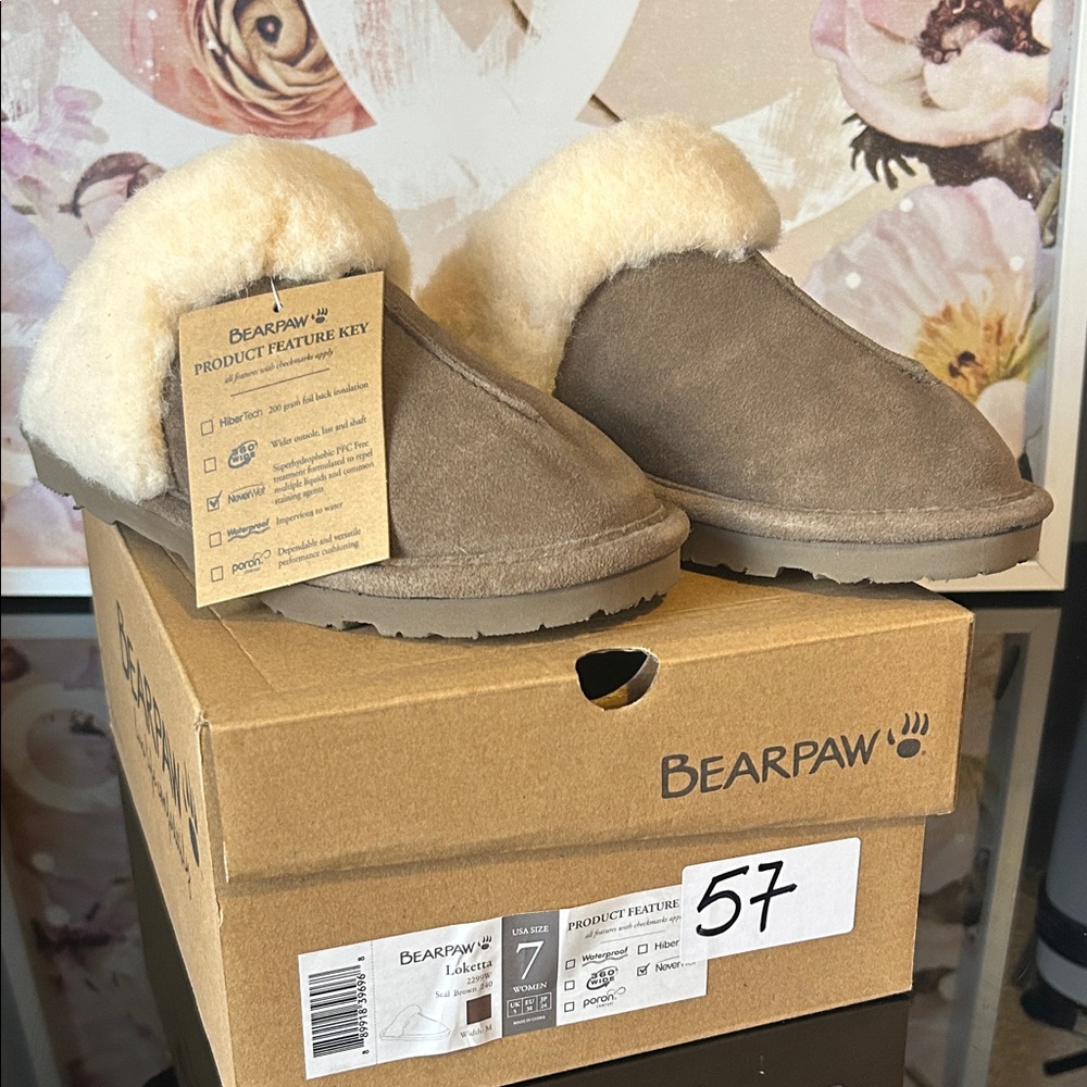 BearPaw Brown Suede Slippers with White Fur Trim